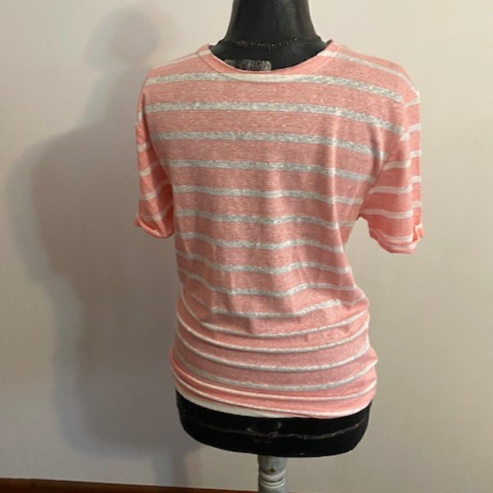 Zara Man Orange/White Stripe short sleeves Linen blend pull over shirt. size M